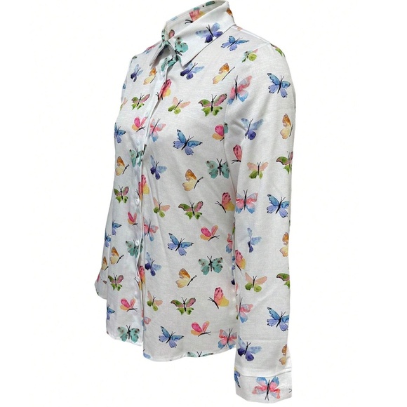 Plus Colorful Butterfly Print Button Down Boyfriend Shirt - Picture 4 of 5